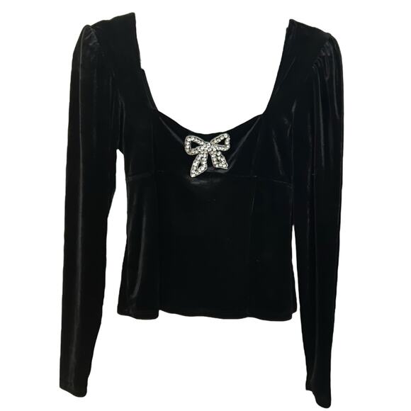 NWT Rachel Zoe Black Velvet with Rhinestone‎ Bow Blouse Size XS - Picture 1 of 4
